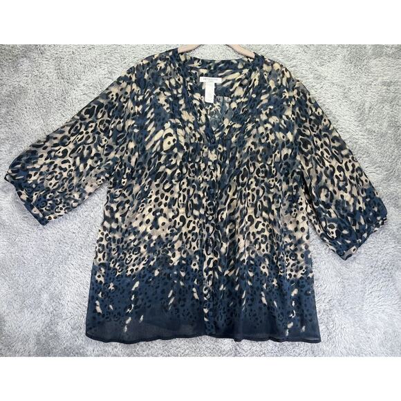 LIZ CLAIBORNE Women Blouse Sheer 2X Blue Black Beige Animal Print Loose‎ Fit - Picture 3 of 10